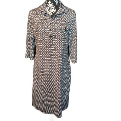 Karin Stevens Geometric Diamond Print 3/4 Sleeve Shift Dress Black White Tan 12 - Image 1
