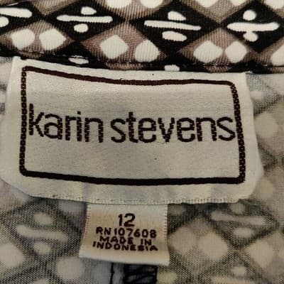 Karin Stevens Geometric Diamond Print 3/4 Sleeve Shift Dress Black White Tan 12 - Thumbnail 3