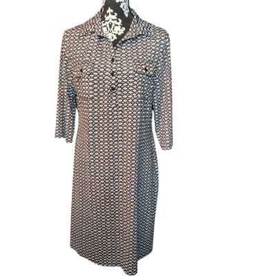 Karin Stevens Geometric Diamond Print 3/4 Sleeve Shift Dress Black White Tan 12 - Thumbnail 10