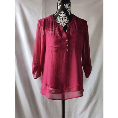 Express Sheer Burnout Blouse Top Burgundy Roll Tab Sleeve Button Up Shirt Womens - Image 1