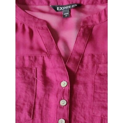 Express Sheer Burnout Blouse Top Burgundy Roll Tab Sleeve Button Up Shirt Womens - Thumbnail 5