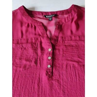 Express Sheer Burnout Blouse Top Burgundy Roll Tab Sleeve Button Up Shirt Womens - Thumbnail 4
