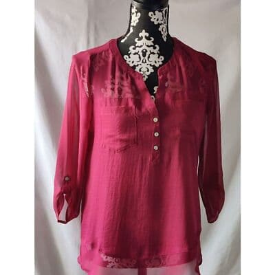 Express Sheer Burnout Blouse Top Burgundy Roll Tab Sleeve Button Up Shirt Womens - Thumbnail 2