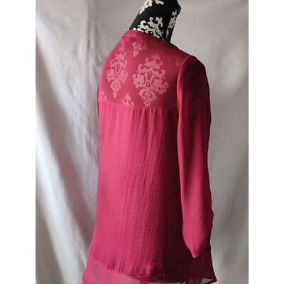 Express Sheer Burnout Blouse Top Burgundy Roll Tab Sleeve Button Up Shirt Womens - Thumbnail 3