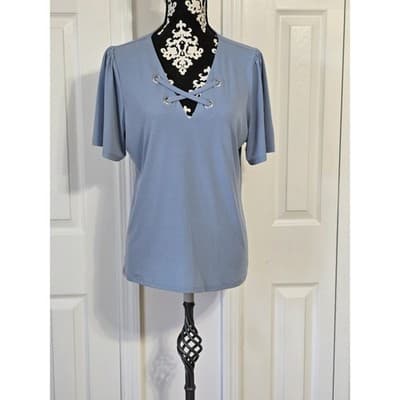 Michael Kors Blue Lace Up V Neck Short Sleeve Top Women Size L - Thumbnail 11