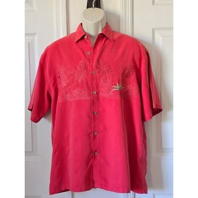 Bamboo Cay Men's Red Tropical Embroidered Short Sleeve Button Up Shirt Size M - Thumbnail 10