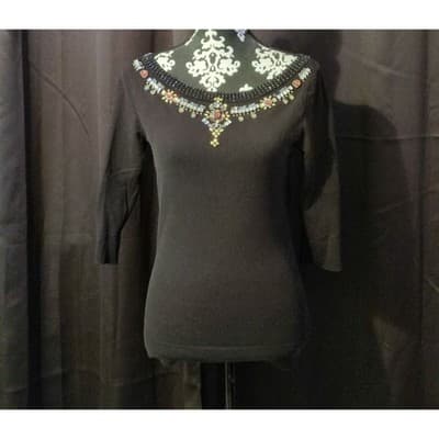 WHITE HOUSE BLACK MARKET Embellished Black Sweater 3/4 Sleeve Size S - Image 1