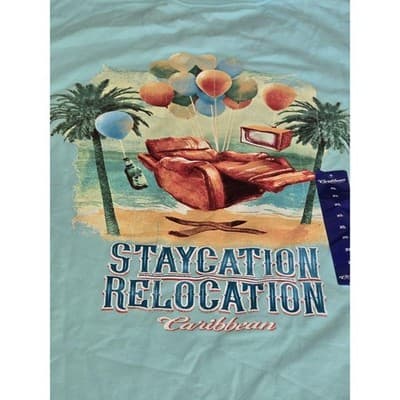 Caribbean Mens XL Cotton Graphic T Shirt Staycation Relocation Beach Palms - Image 1