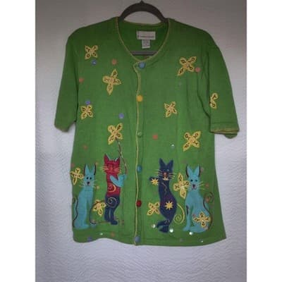 Vtg Ashlyn Kate Womens Green V Neck Short Sleeve Cardigan Sweater Sz S - Image 1