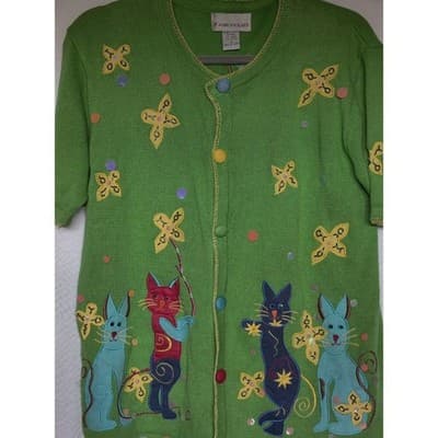 Vtg Ashlyn Kate Womens Green V Neck Short Sleeve Cardigan Sweater Sz S - Thumbnail 3