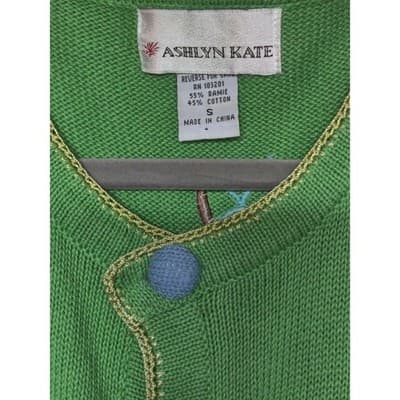 Vtg Ashlyn Kate Womens Green V Neck Short Sleeve Cardigan Sweater Sz S - Thumbnail 6