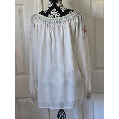 NOTATIONS CLOTHING Embroidered Smocked Neck Blouse White Cotton Long Sleeve Sz L - Thumbnail 2