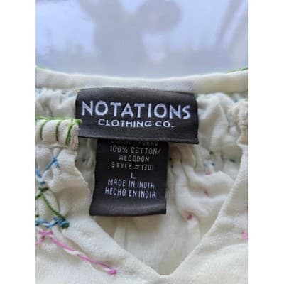 NOTATIONS CLOTHING Embroidered Smocked Neck Blouse White Cotton Long Sleeve Sz L - Thumbnail 3