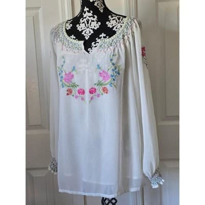 NOTATIONS CLOTHING Embroidered Smocked Neck Blouse White Cotton Long Sleeve Sz L - Image 1