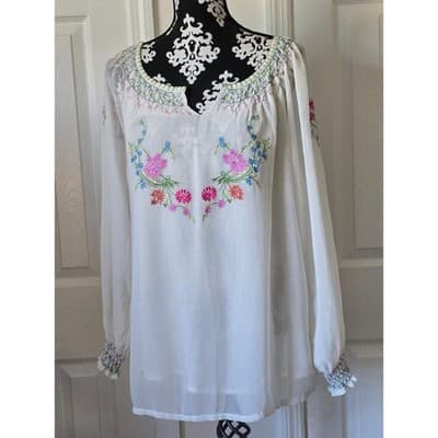 NOTATIONS CLOTHING Embroidered Smocked Neck Blouse White Cotton Long Sleeve Sz L - Thumbnail 10