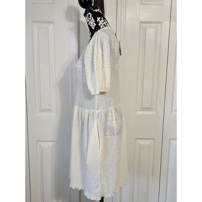 Culture Code Textured Puff Sleeve Drop Waist Midi Dress Cream M - Thumbnail 12