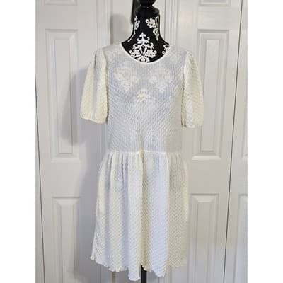 Culture Code Textured Puff Sleeve Drop Waist Midi Dress Cream M - Image 1