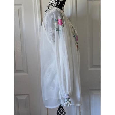 NOTATIONS CLOTHING Embroidered Smocked Neck Blouse White Cotton Long Sleeve Sz L - Thumbnail 11