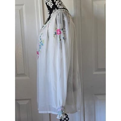 NOTATIONS CLOTHING Embroidered Smocked Neck Blouse White Cotton Long Sleeve Sz L - Thumbnail 9