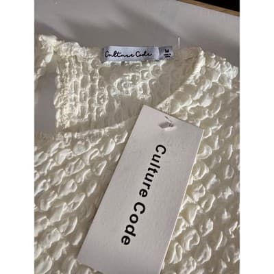 Culture Code Textured Puff Sleeve Drop Waist Midi Dress Cream M - Thumbnail 3