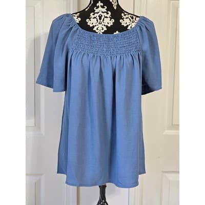 Blue Smocked Square Neck Puff Sleeve Tunic Top LXL - Image 1
