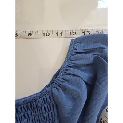 Blue Smocked Square Neck Puff Sleeve Tunic Top LXL - Thumbnail 6