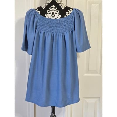 Blue Smocked Square Neck Puff Sleeve Tunic Top LXL - Thumbnail 12