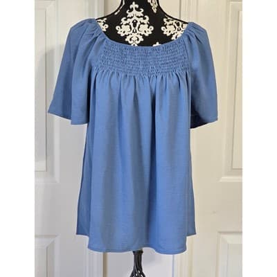 Blue Smocked Square Neck Puff Sleeve Tunic Top LXL - Thumbnail 14