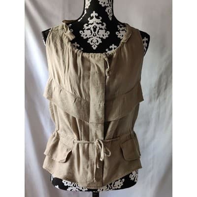 Coco Cabana Tan Khaki Ruffle Utility Vest Drawstring Waist Small Cotton Blend - Image 1