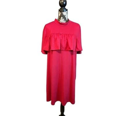 La Gypsy Magenta Pink Ruffle Mock Neck Shift Dress Short Sleeve Keyhole Back - Thumbnail 10