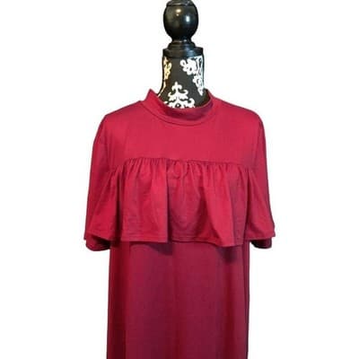 La Gypsy Magenta Pink Ruffle Mock Neck Shift Dress Short Sleeve Keyhole Back - Thumbnail 8