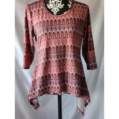 Shirley Blue Womens Burgundy Paisley Sharkbite Hem 3/4 Sleeve Top Size M - Image 1