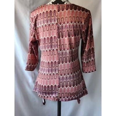 Shirley Blue Womens Burgundy Paisley Sharkbite Hem 3/4 Sleeve Top Size M - Thumbnail 2
