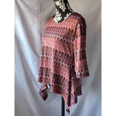 Shirley Blue Womens Burgundy Paisley Sharkbite Hem 3/4 Sleeve Top Size M - Thumbnail 10