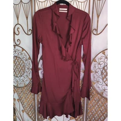 Urban Outfitters Burgundy Ruffle Wrap Mini Dress Long Sleeve Bell Cuffs Small - Image 1