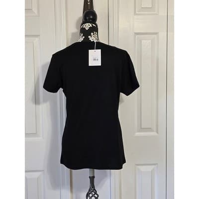 Black Graphic Tee Lips Leopard Print LOVE V Neck Short Sleeve Shirt - Thumbnail 2