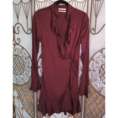 Urban Outfitters Burgundy Ruffle Wrap Mini Dress Long Sleeve Bell Cuffs Small - Thumbnail 10