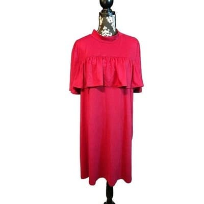 La Gypsy Magenta Pink Ruffle Mock Neck Shift Dress Short Sleeve Keyhole Back - Thumbnail 9
