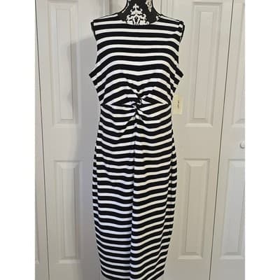 ON 34TH Plus Size 0X Black White Stripe Twist Front Sleeveless Midi Dress - Thumbnail 18