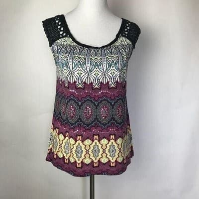 Bila Womens Small Boho Geometric Tribal Print Sequin Crochet Sleeveless Top - Thumbnail 9