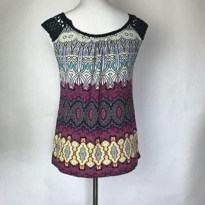 Bila Womens Small Boho Geometric Tribal Print Sequin Crochet Sleeveless Top - Thumbnail 2