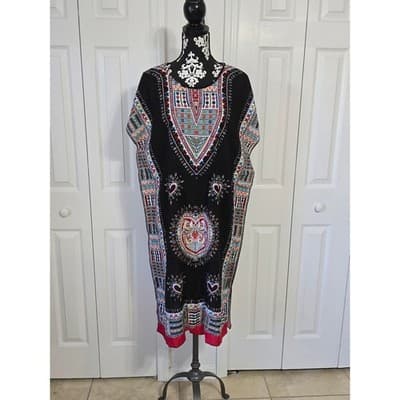 GM Fashion USA One Size Black Dashiki Print Maxi Dress Tunic Top - Image 1