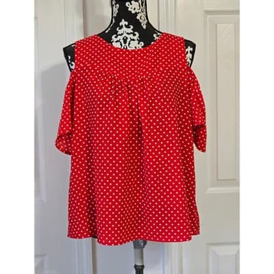 Monteau Red White Polka Dot Cold Shoulder Blouse Top XL - Image 1