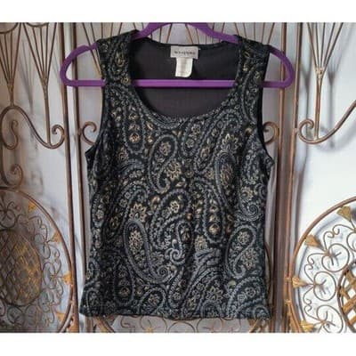 Wrapper Vintage Black Gold Metallic Paisley Scoop Neck Sleeveless Top Medium - Thumbnail 2