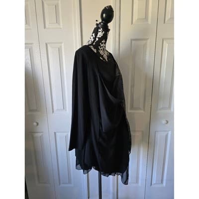 Black Asymmetric Layered Tunic Top Floral Damask Handkerchief Hem Long Sleeve - Thumbnail 11