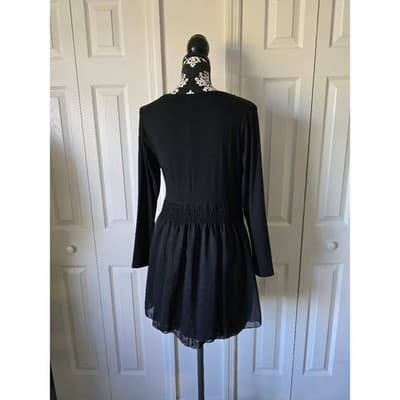 Black Asymmetric Layered Tunic Top Floral Damask Handkerchief Hem Long Sleeve - Thumbnail 2