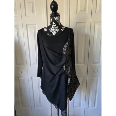 Black Asymmetric Layered Tunic Top Floral Damask Handkerchief Hem Long Sleeve - Thumbnail 7