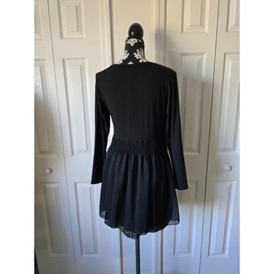 Black Asymmetric Layered Tunic Top Floral Damask Handkerchief Hem Long Sleeve - Thumbnail 10