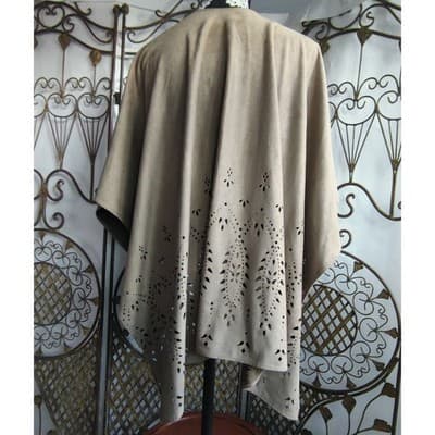 Chicos Faux Suede Tan Laser Cut Poncho Wrap One Size Floral Eyelet Shawl OS - Thumbnail 2