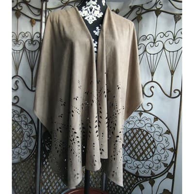 Chicos Faux Suede Tan Laser Cut Poncho Wrap One Size Floral Eyelet Shawl OS - Image 1